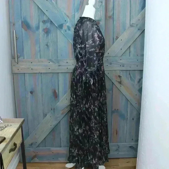 Floral Maxi Dress Black Pleated Skirt Long Tie Sleeve Size Medium - Picture 8 of 10